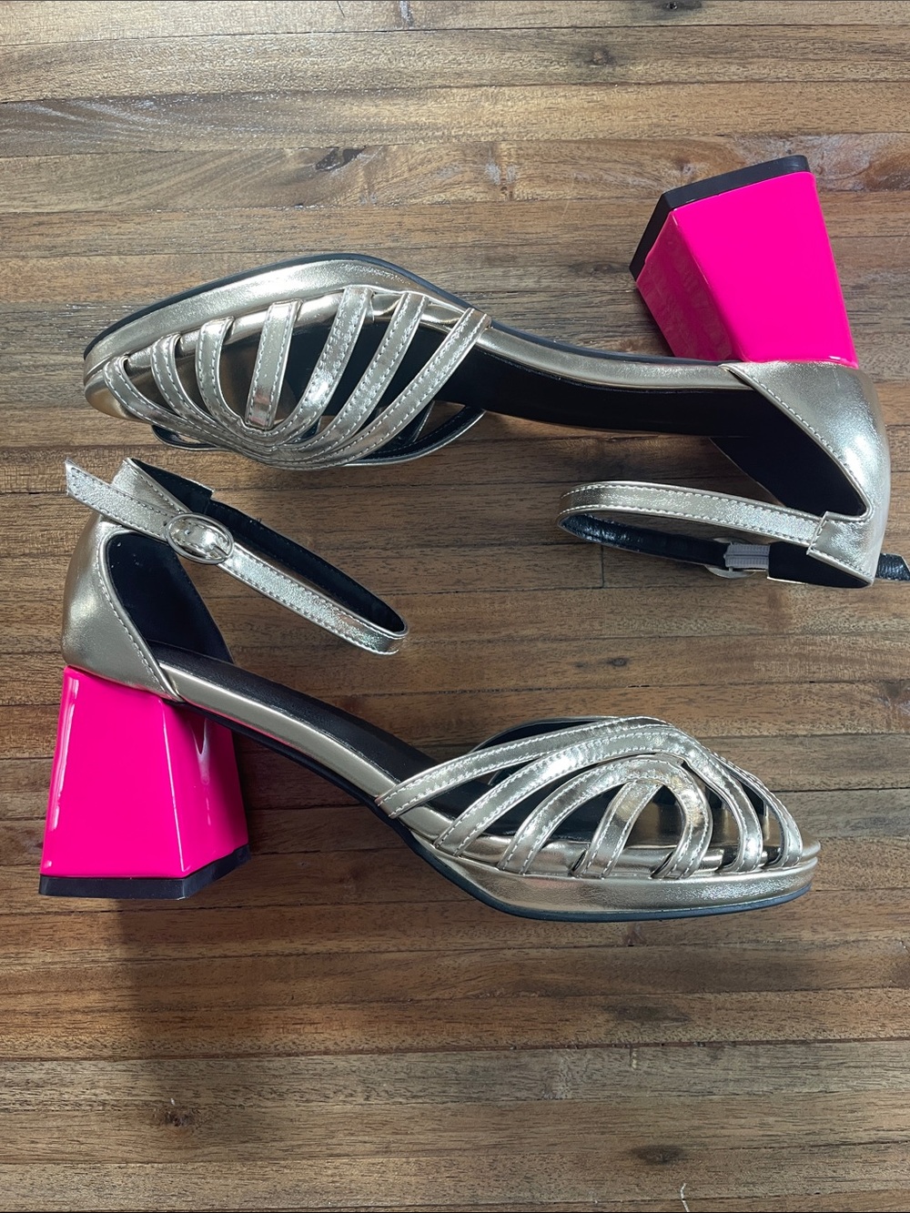 Metallic Gold Strappy Block Heels with Hot Pink Heel - NWOT - 8